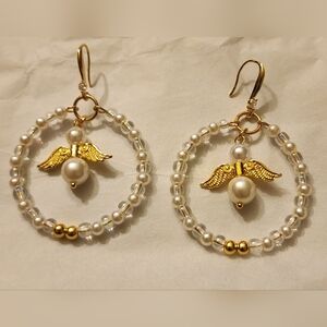 Handcrafted Gold Angel Wing Pearl Hoop Earrings - White Pearls